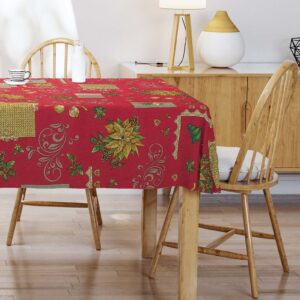 Tischdecke – Glöckchen – Tannenzapfen – bordeauxroter Leinwandhintergrund